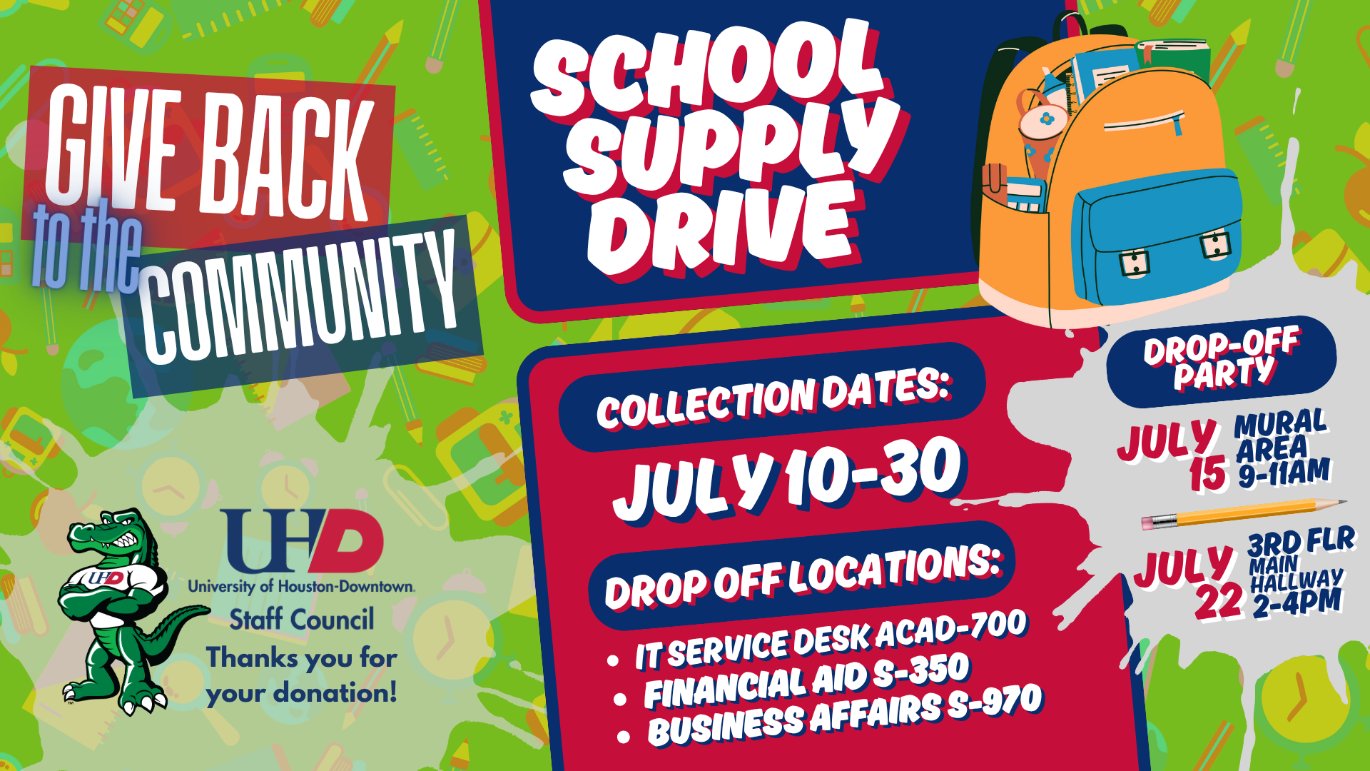 Promotional poster for a school supply drive with vibrant colors and school-themed graphics.