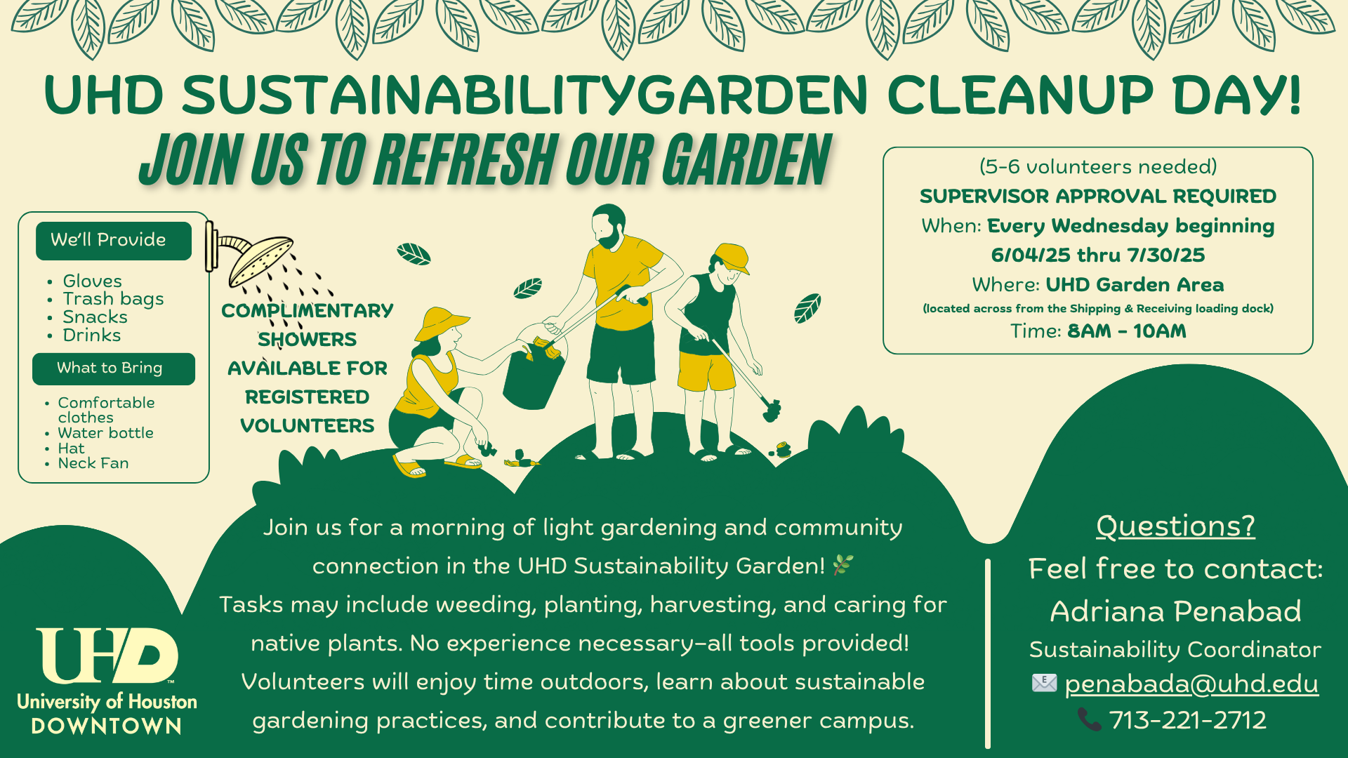 Flyer for UHD Sustainability Garden Cleanup Day with event details and illustrations of people gardening.