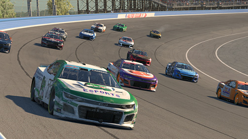 Ten racecars on a track with an esports racecar with a gator on it