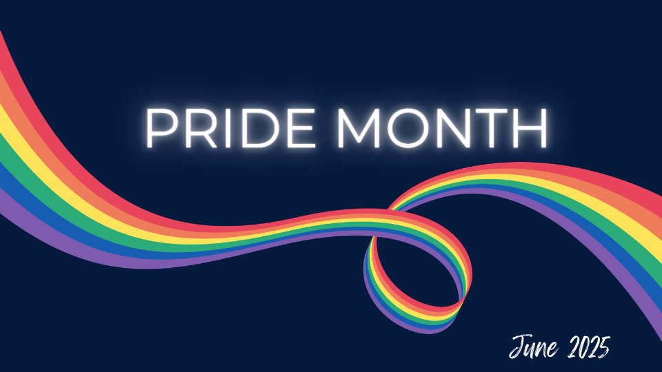 Pride month text with blue background and rainbow ribbon
