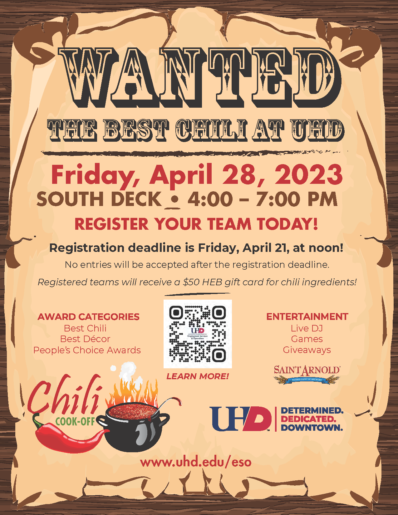 The chili cook-off flyer features a stylized tattered paper on a wooden background. Details and logos of the event are featured.