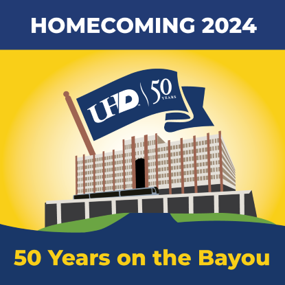 Graphic that reads "Homecoming 2024 - 50 Years on the Bayou." There is a drawing of One Main Building, the Houston Metro stop at campus, and a blue flag.