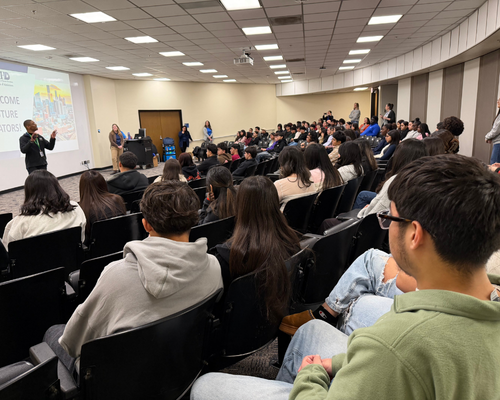 Early College High School South students listen to a staff member in Enrollment Management discuss programs and colleges at the university of houston-downtown at Bayou Bound