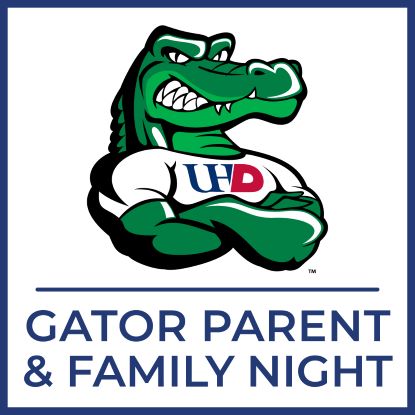 Graphic of a UHD gator with "Gator Parent & Family Night" overlaid.