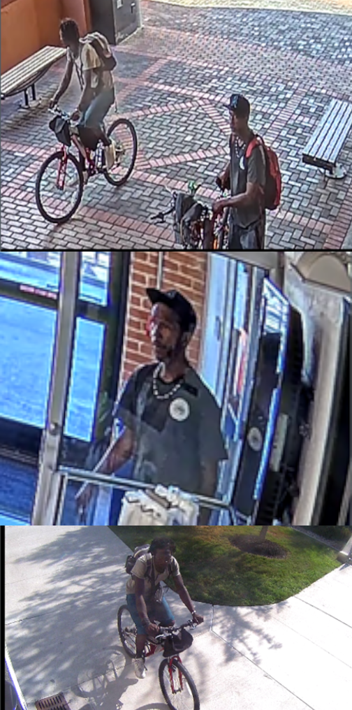 three photos of a person of interest in a bike stealing incident