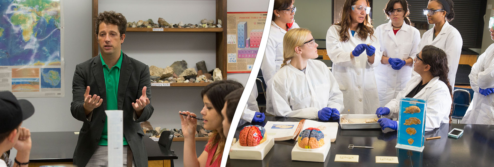 Goal 7 Banner: Two separate classrooms. One with a male professor standing to teach. The second of a group of students and a female professor in labcoats looking at a dissection.