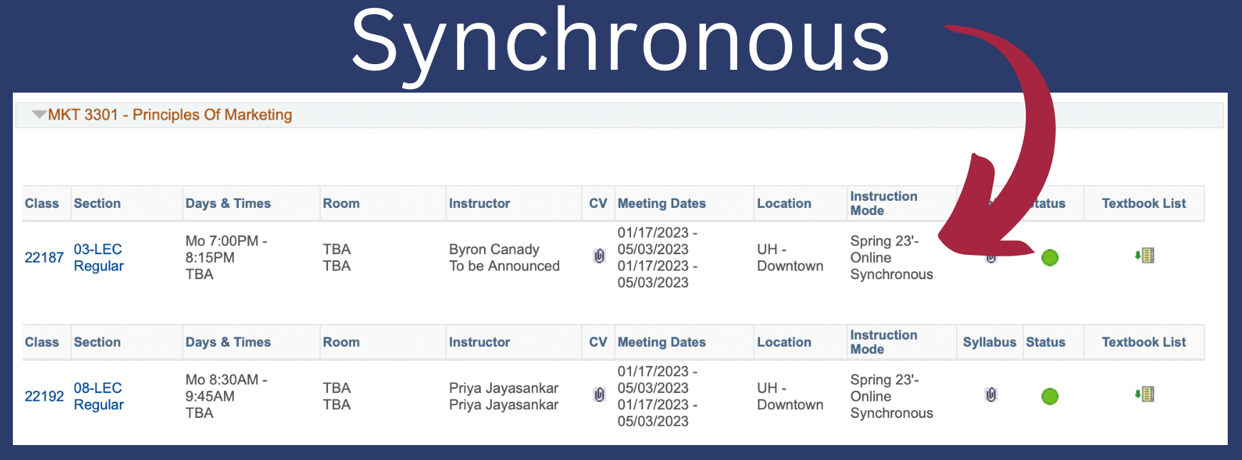 example of a class schedule with an online-synchronous course