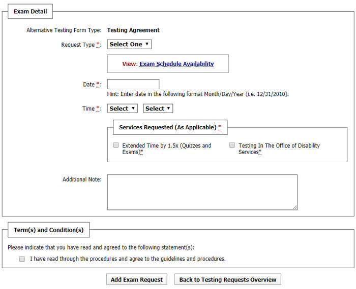 Screenshot of Testing Agreement page