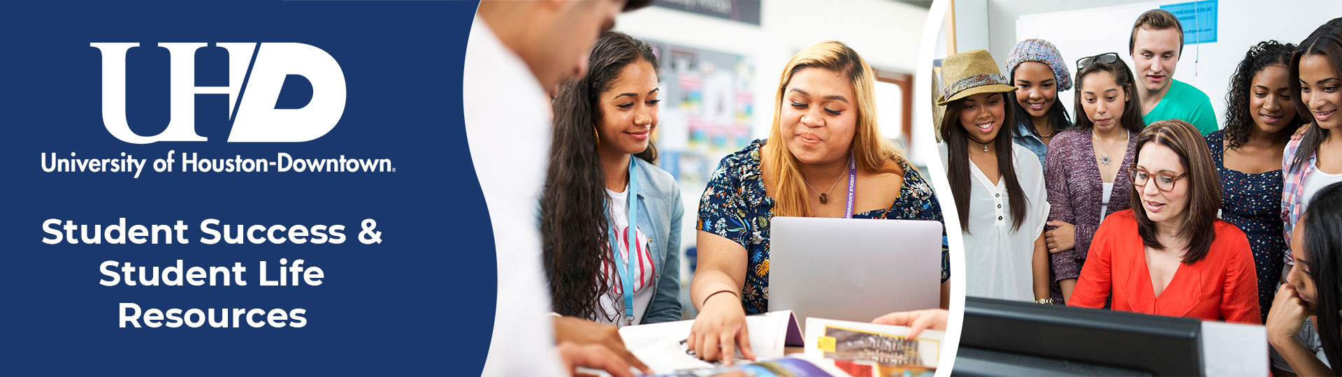 student success and student life web banner depicting students being helped