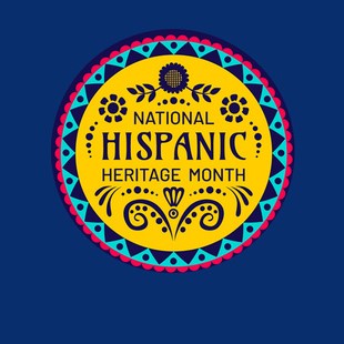 National Hispanic Heritage Month text over a latin-inspired graphic of blue, red, and yellow.