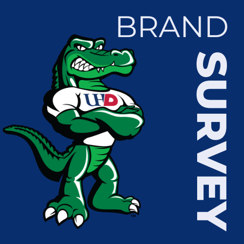 University of Houston Downtown's mascot Ed-U-Gator wears a brand t-shirt. Text reads, "Brand Survey"
