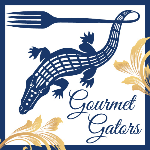 Gold flourishes. Alligator with a fork at the end of its tail. Text reads, "Gourmet Gators"