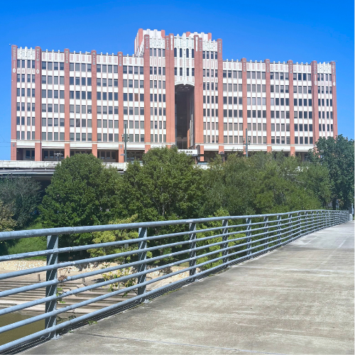 One Main Building at the University of Houston Downtown and a bridge over the bayou