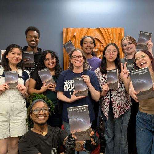 Members of the student literary and arts magazine the bayou review smile with the spring 2026 publication at the university of houston-downtown