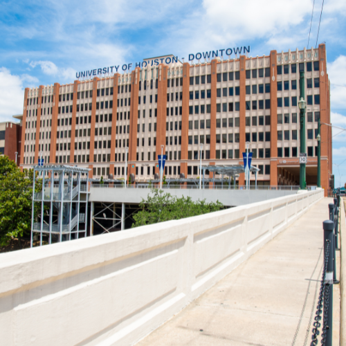 One Main Building at the University of Houston Downtown and a bridge over the bayou