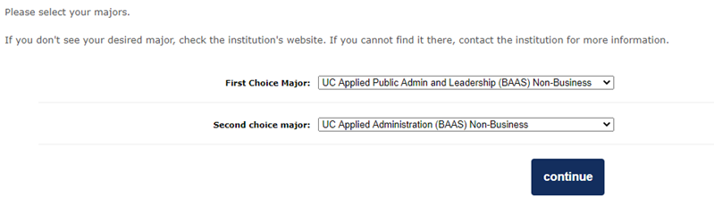 Select UC Applied Public Admin and Leadership (BAAS) for the major choice