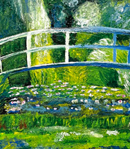 painting an arched bridge over a pond with trees and plant life
