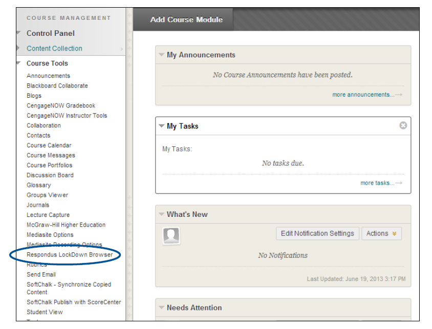 course tools menu and respondus lockdown browser option